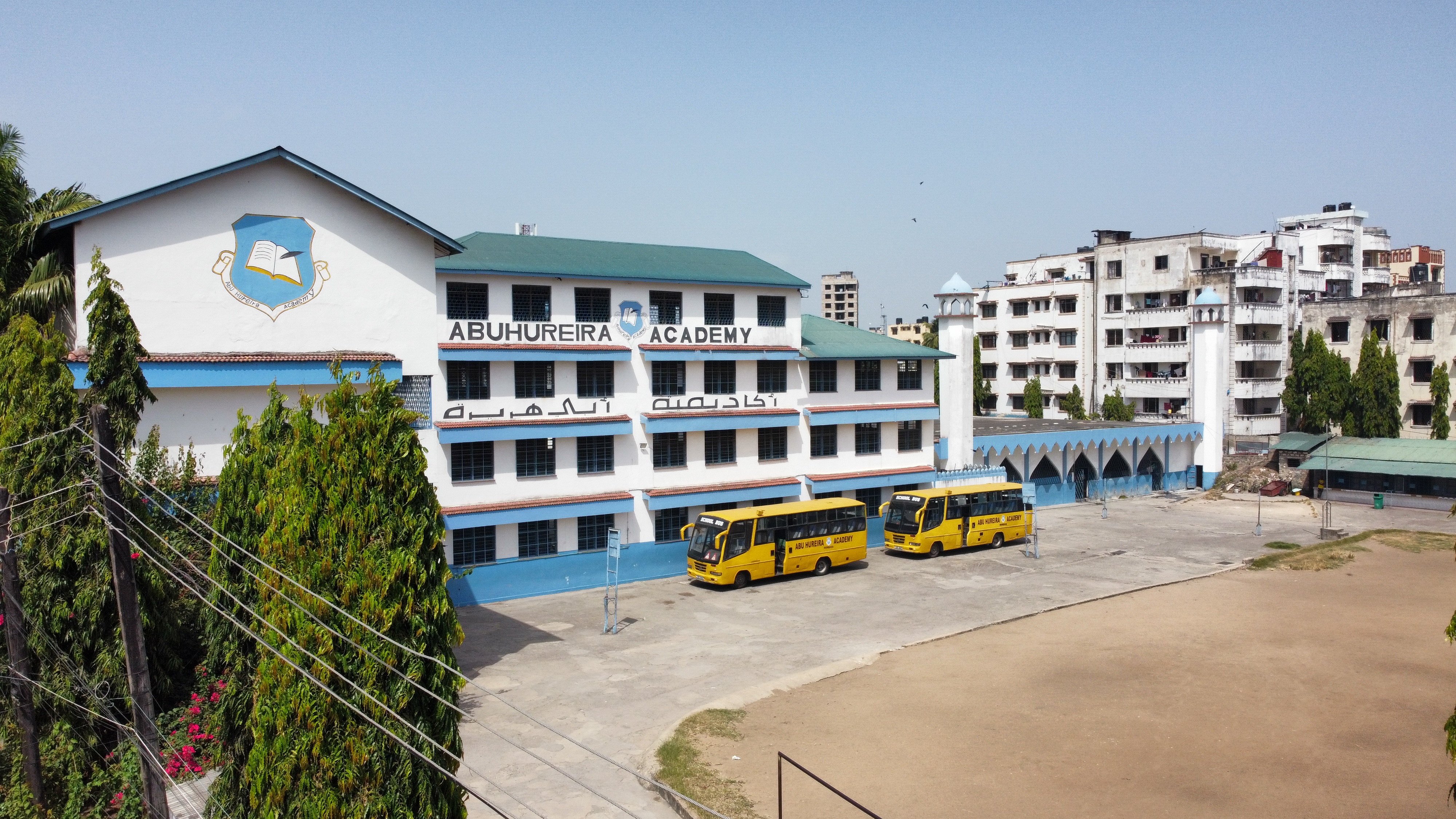 Aerial view of playground and buildings